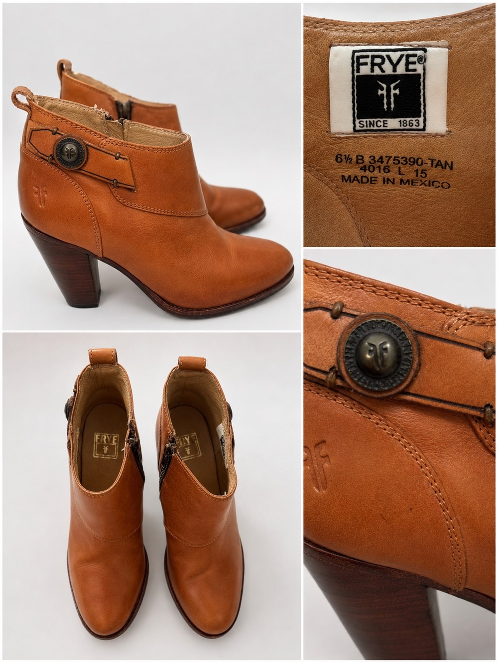 Frye Tan Leather Ankle Booties with Decorative Button